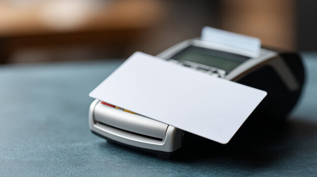 Close-up of a blank white credit card inserted into a modern payment terminal on a textured surface with blurred background