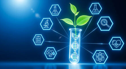 Scientific research and biotechnology concept green plant DNA helix