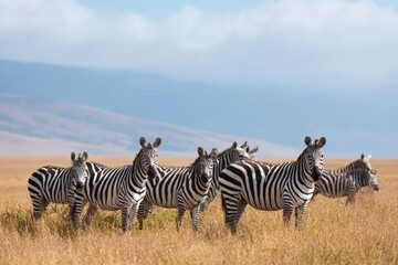 Herd of zebras grazing in african savannah landscape
