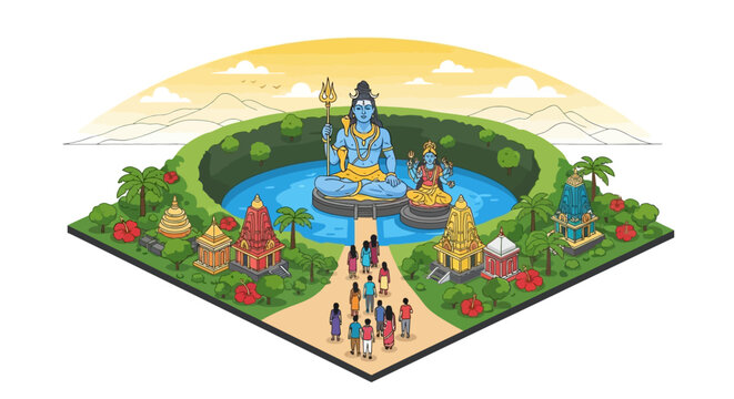 Isometric illustration of Hindu pilgrims visiting the sacred lake temple of Lord Shiva and Goddess Parvati