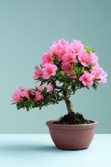Fototapeta premium Pink azalea bonsai in clay pot against soft blue background