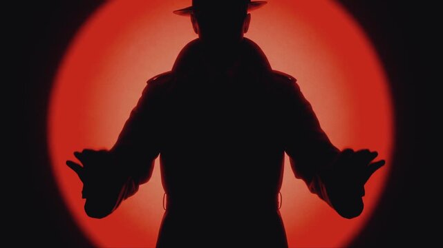 Silhouette of a detective raising hands in surrender against a red spotlight. Film noir mystery man in fedora and trench coat getting caught. Spy or criminal surrendering concept