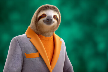 Naklejka premium Stylish sloth in colorful blazer against vibrant green background