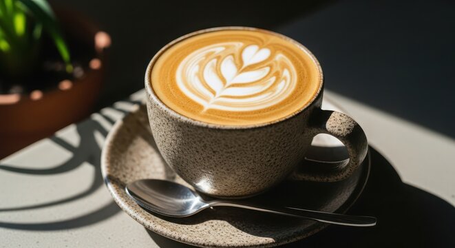 A delicious latte with beautiful heartshaped art in a ceramic cup, on a saucer with a spoon, bathed in sun