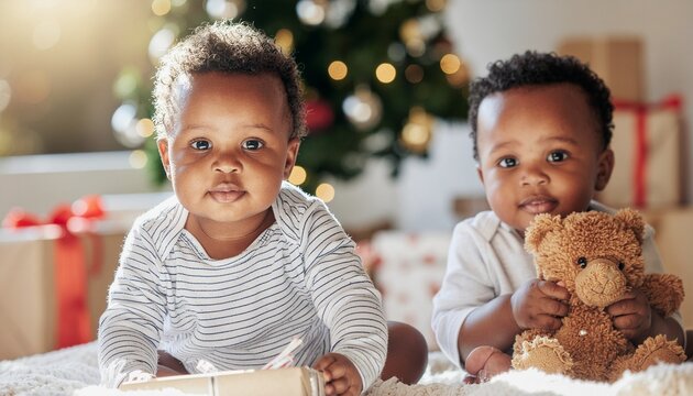 dos beb&eacute;s sentados uno frente al otro sobre una manta suave, iluminados por un c&aacute;lido rayo de sol. Ambos visten trajes de cuerpo completo de color claro y cada uno sostiene un oso,  adornos navide&ntilde;os.