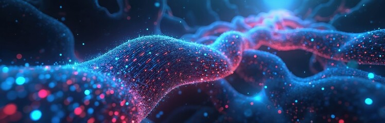 Close up shot of quantum computing network data visualization. AI system innovation shows connectivity solution. Artificial intelligence cloud technology optimizes information processing, boosts