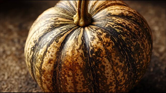 Several close-up views showcase the unique patterns and colors of striped pumpkins grown during autumn