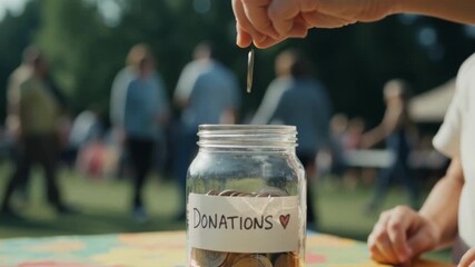 Close-up of a child and adult dropping coins into a glass donation jar. Hands contributing money at an outdoor community fundraising event. Charity and generosity concept