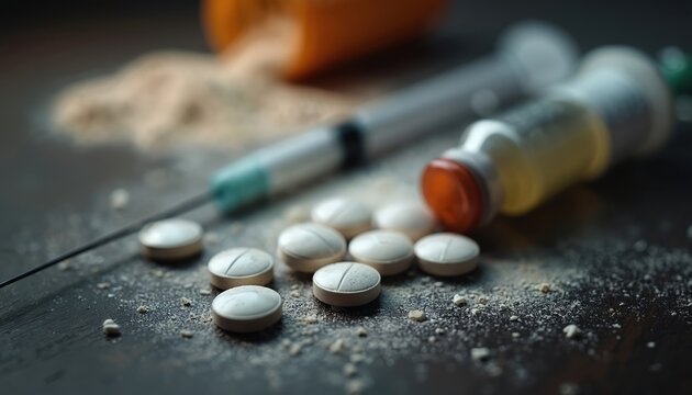 Loose pills and syringe on a dark surface. Medicine bottle and powder scattered around. Overdose danger concept. Medical and pharmaceutical items. Addiction and crime. - Powered by Adobe