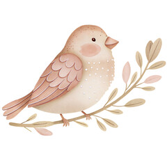 Delicate watercolor bird sitting on leafy branch illustration with soft pastel details