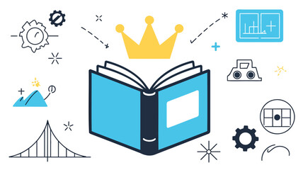 Illustrative open book with striking royal blue covers symbolizing knowledge and learning presented as a clean vector graphic