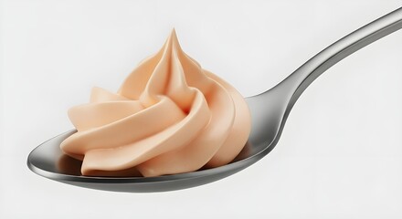 Piped Pale Peach Swirl of Creamy Dessert Mousse on a Silver Spoon Product Shot