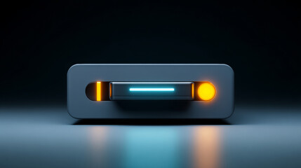 Close-up of a modern electronic device with illuminated blue and orange LED indicators on a dark reflective surface