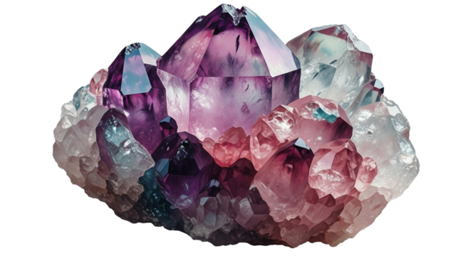 Purple amethyst crystal cluster isolated on transparent background