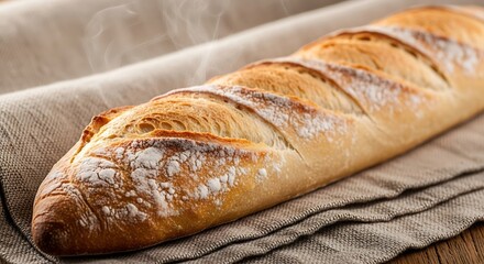 Freshly baked golden brown baguette with a crispy crust and flour dusting, resting on a rustic linen cloth, ready to be enjoyed as a staple of French cuisine.