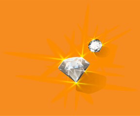 Two sparkling diamonds shimmering against an orange backdrop, capturing the essence of luxury and brilliance. Two Brilliant Diamonds with Glimmering Light on Orange