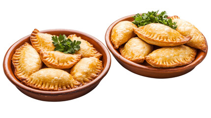 Golden Empanadas in Clay Bowls isolated on a transparent background