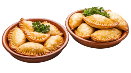 Golden Empanadas in Clay Bowls isolated on a transparent background