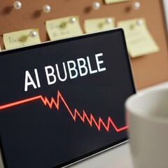 Closeup monitor with AI bubble text and red zigzag line, office desk scene