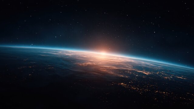 宇宙から見る地球と日の出 迫力ある宇宙風景CGイメージ