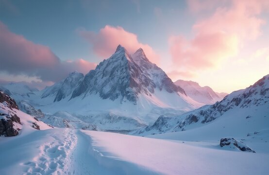 Snowy mountain range at sunrise. Pink clouds drift over white peaks. Footprints mark a path on Segla hill, inviting exploration of this serene winter landscape. - Powered by Adobe