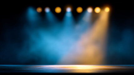Empty stage illuminated by blue and yellow spotlights with smoky atmosphere and wooden floor in dark theater setting