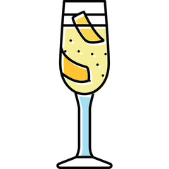 A tall champagne flute filled with bubbly yellow liquid and garnished with two orange peel twists on a transparent background with a thin blue stem and a wide base