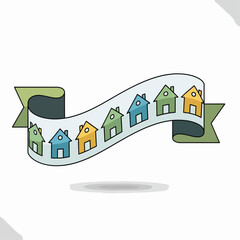 Creative Ribbon Banner Design Featuring a Row of Adorable Colorful Houses Illustrating Community and Housing Concepts