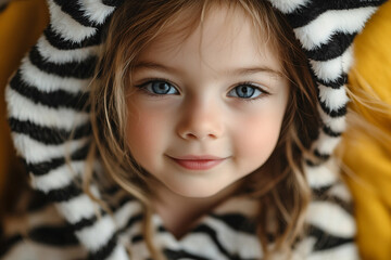 Charming child dressed in soft zebra animal costume with striking stripes and bright blue eyes generative ai
