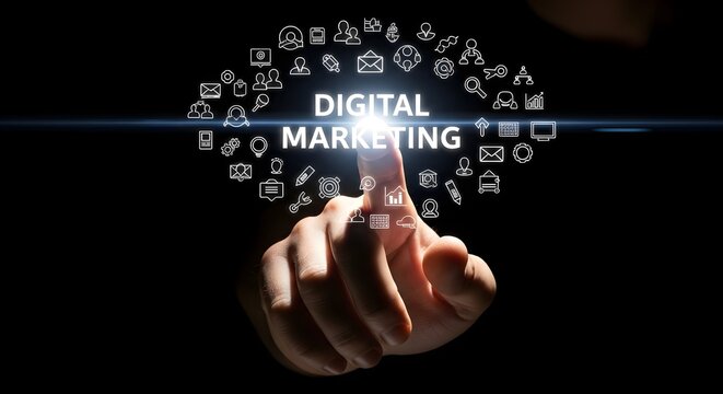 A hand points to the words "Digital Marketing" surrounded by technology and business-related icons against a dark background.
