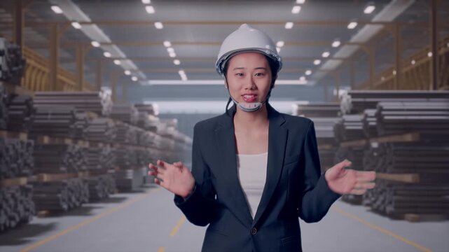 Front View of Asian Businesswoman Walking and Speech in Warehouse Storage of Rolled Steel Metal Bars, Rods or Billets