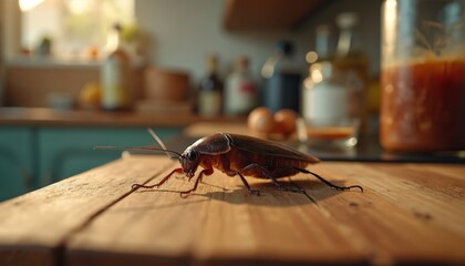 Large brown cockroach walks on kitchen table. Insect appears near food items like eggs and sauce. Focus on pest in home environment and hygiene.