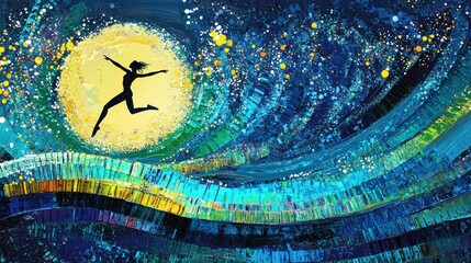 Silhouette of a woman leaping in front of a full moon in abstract art.