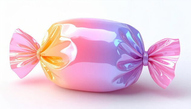 Glossy candy pastel sweet wrapped confection colorful treat shiny wrapper gradient color isolated white studio lighting soft glow cute aesthetic. Glossy candy pastel sweet wrapped confection