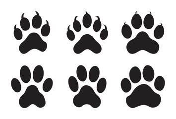 Collection of black animal paw print icons set isolated on white background, different styles of pet footprint silhouettes for veterinary, design, logo, petcare, tracking, wildlife, cat, dog