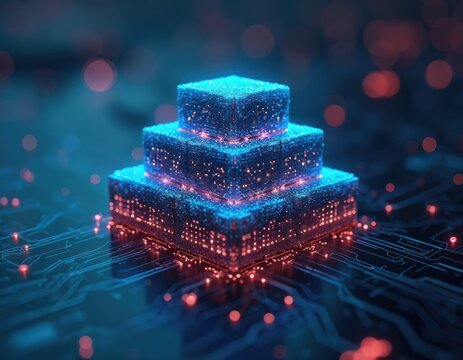 Digital pyramid blocks made of light particles on circuit board background. Glowing circuits and nodes form abstract tech structure. Futuristic data storage concept.