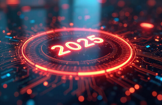 Digital futuristic interface displays glowing red 2025 numbers. Abstract circuit board patterns glow with blue and red lights. High tech digital display.
