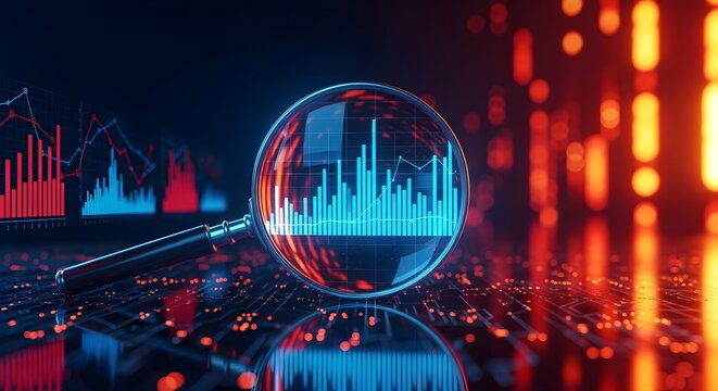 Magnifying glass over a circuit board reflects a blue graph, with red data charts and bokeh lights in the background, symbolizing data analysis.