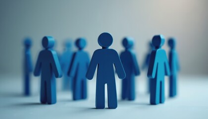 Blue human figurines show unity, teamwork. Team members stay close together. Concept involves collaboration, organization, business. Also about recruitment, selection for job, professional occupation.