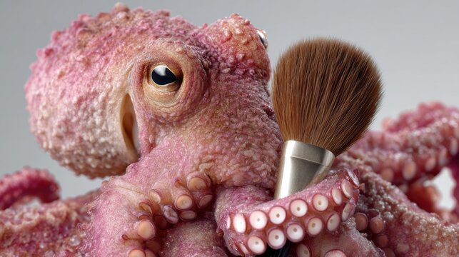 Octopus Holds a Makeup Brush in a Beauty Ad Concept Set in a Neutral Soft Space