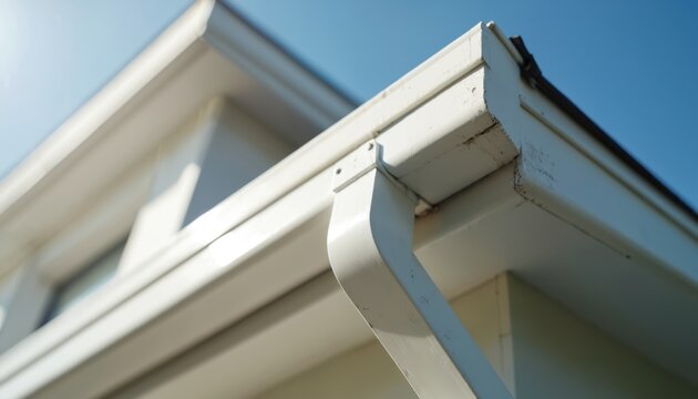 White gutter system on a modern house directs rainwater away from foundation. Clean exterior detail captures sunlight on roofline component. Efficient drainage prevents leaks for home protection.