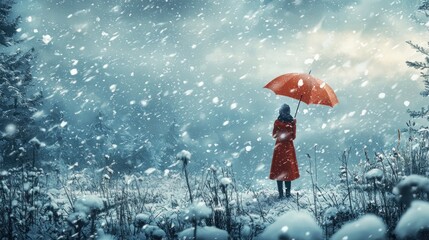 Solitude in a Winter Wonderland - A Woman Under an Umbrella.