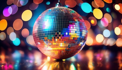 Shiny Disco Ball Reflecting Colorful Lights Creating A Party Atmosphere With Glowing Bokeh Effects