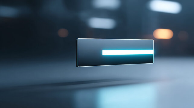 Futuristic glowing minus sign floating in dark blurred environment with soft reflections and modern minimalistic design