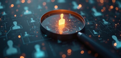 Magnifying glass focuses on glowing human icon. Digital network displays many faint user profiles. Concept of customer focus personalization analytics.