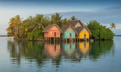 Fototapeta premium Colorful stilt houses on a tropical island with calm waters