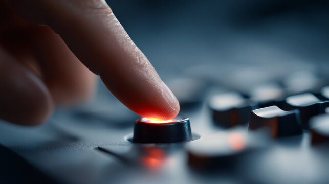 Close-up of finger pressing illuminated button on control panel with blurred background and cool lighting