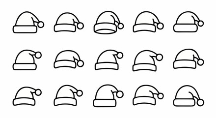 Fifteen simple, black and white line drawings of Santa Claus hats arranged in three rows on a white background.