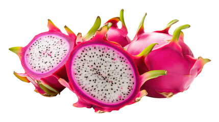 Pink Dragon Fruit Halves and Whole isolated on a transparent background