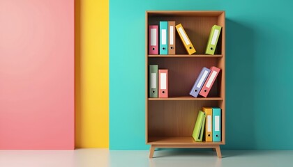 Wooden bookcase holds colorful binders on shelves. Modern office storage solution features organized paperwork. Space for study notes or creative project files.
